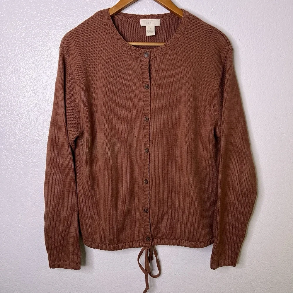 Vtg‎ J. Jill Brown Knit Button Up Sweater Drawstring Hem Cotton Sz Small *Read